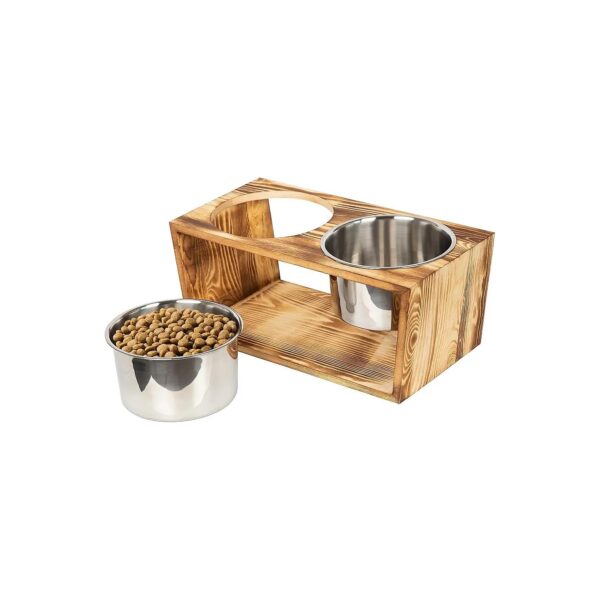 Rustic Wood Elevated Pet Feeder Stand with Stainless Steel Bowls for Large Dogs and Cats