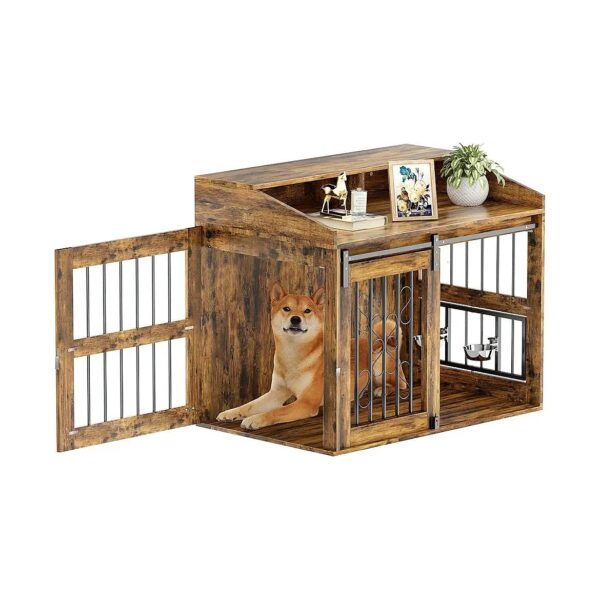 Rustic Wooden Dog Crate End Table with Wheels for Small Medium Large Dogs