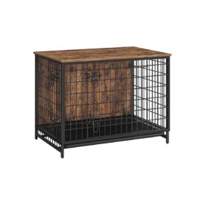 Rustic Wooden Dog Crate Furniture with Hidden Storage and Ventilated Mesh