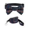 Scottish Tartan Bow Tie Dog Leash Set Plaid Pattern Soft Cotton Adjustable Blue