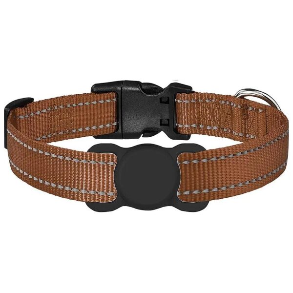 Secure and Adjustable Brown Nylon Dog Collar with Reflective Airtag Holder