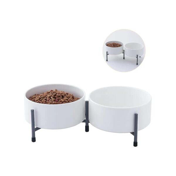 Set of 2 Ceramic Pet Food and Water Bowls with Metal Stand for Dogs and Cats