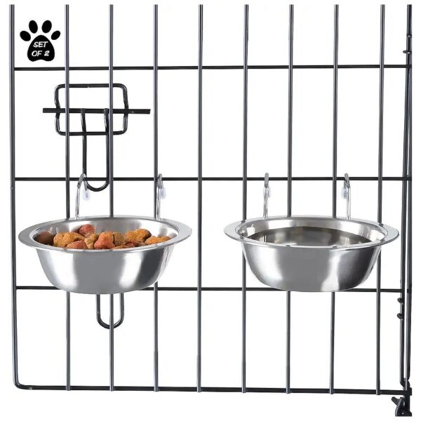 Set of 2 Stainless Steel Hanging Pet Bowls for Dogs and Cats, Dishwasher Safe