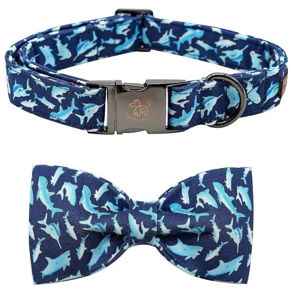 Shark Print Dog Collar with Bow, Adjustable Cotton Boy Pet Collar for Medium Dogs