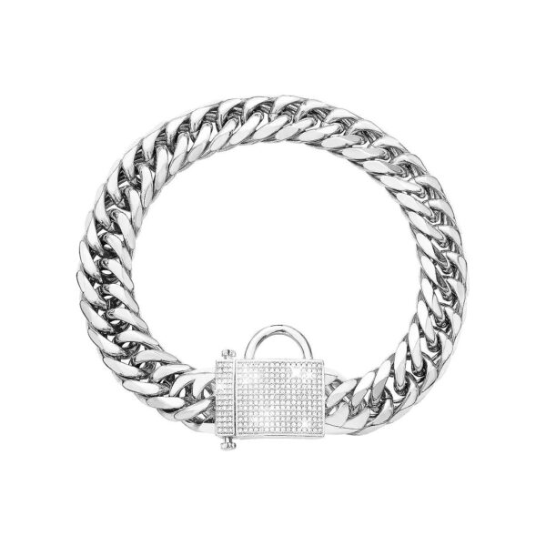 Silver Dog Collar with Zirconia Buckle and Stainless Steel Cuban Link Chain