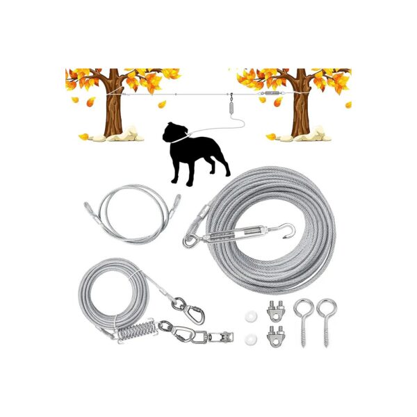 Silver Metal Dog Tie Out Cable with 9 Accessories for Yard and Outdoor