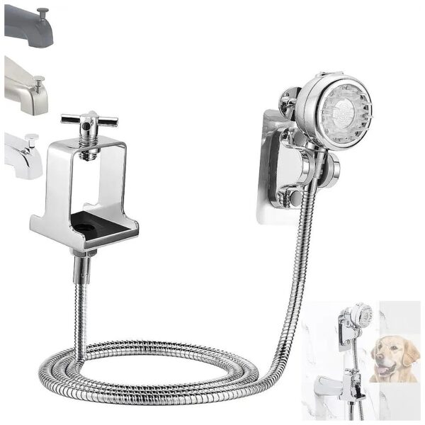 Silver Pet Shower Attachment Dog Washing Set with Metal Connector and 6ft Long Hose