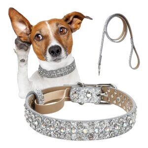 Silver Sparkly Crystal Studded Microfiber Leather Dog Collar for Female and Male Dogs