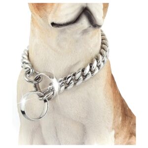 Silver Stainless Steel Cuban Link Chain Dog Collar with 14MM Wide Links for Large Dogs