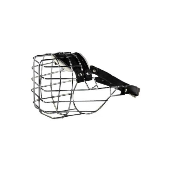 Silver and Black Leather Dog Muzzle with Large Chrome Plated Steel Cage for Large Breeds