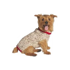 Sized Oatmeal Dog Sweater with Red Trim and Soft Fabric