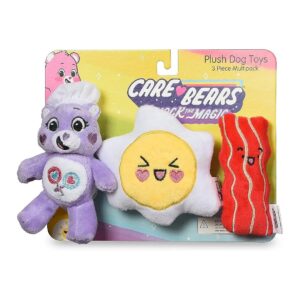 Sized Plush Dog Toys 3PC Set featuring Care Bears Share Bear Squeaker Crinkle Eggs Bacon