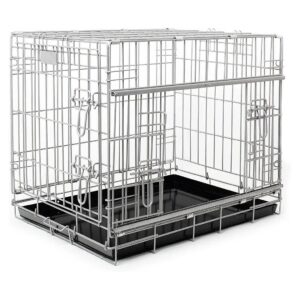 Sliding Door Metal Dog Crate in Grey Finish with Removable Tray and Two Compartments