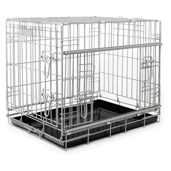 Sliding Door Metal Dog Crate in Grey Finish with Removable Tray and Two Compartments