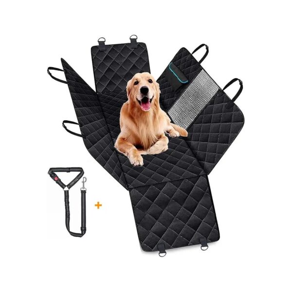 Slip Strap Car Seat Cover for Back Seat Pets with Free Seat Belt and Hammock Design Blue