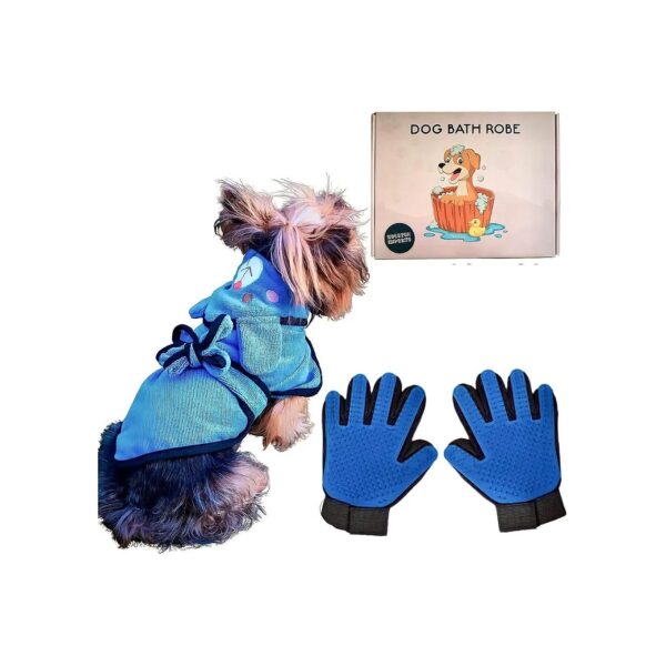 Small Breed Dog Grooming Essentials Including Hooded Bathrobe and Cleaning Gloves