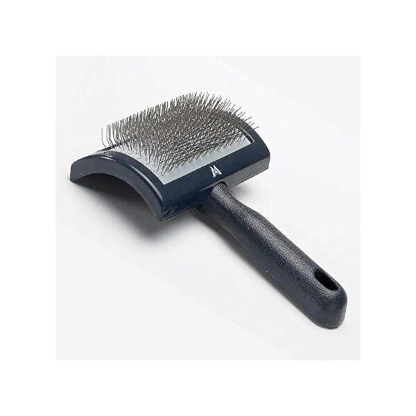 Small Breed Dog Grooming Tool with Curved Plastic Brush and Stainless Steel Bristles