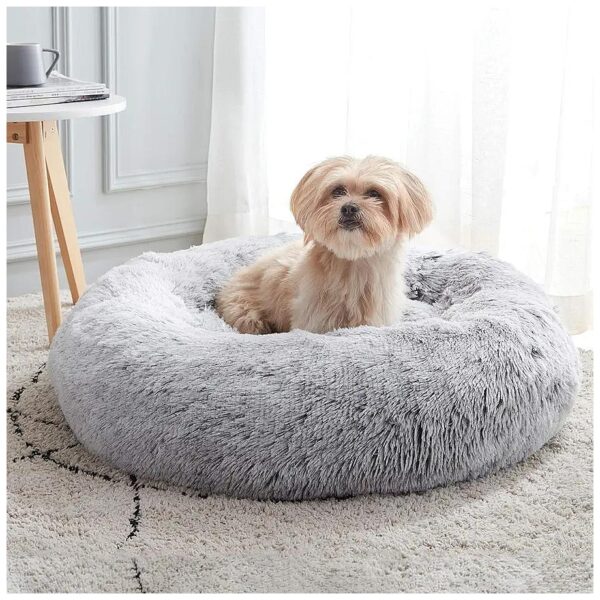 Small Breed Dog and Cat Calming Bed with Fluffy Faux Fur and Removable Cushion Cover