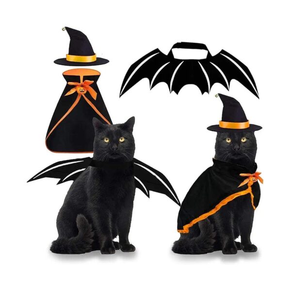 Small Cats Kitten Witch Cloak Bat Wings Wizard Hat Pet Costume for Halloween Party Gift