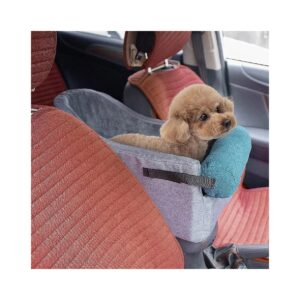 Small Dog Car Booster Seat with Adjustable Straps and Grey Blue Fabric