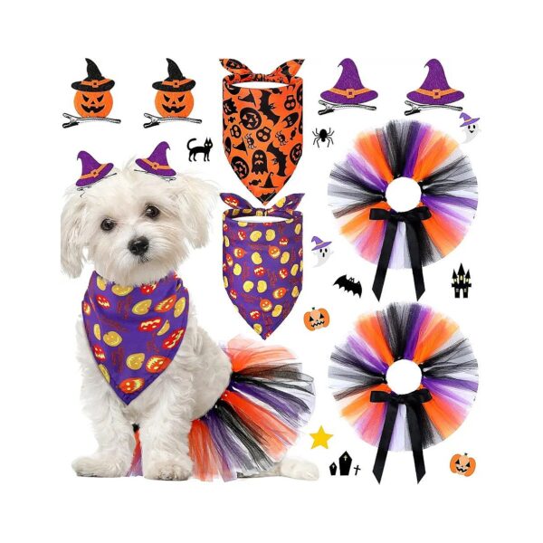 Small Dog Cat Halloween Costume Kit with Tulle Skirts Bandanas Hairpins Accessories