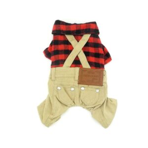 Small Dog Cat Red Plaid Sweater with Khaki Overalls Pants Jumpsuit Outfits