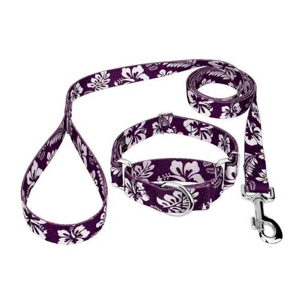 Small Dog Collar and Leash Set with Country Inspired Purple Hawaiian Design