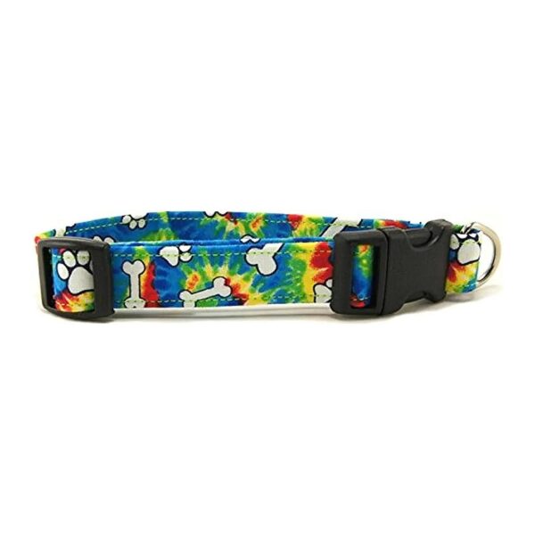 Small Dog Collar with Quick Release Buckle and Handmade Tie Dye Bones and Paws Pattern