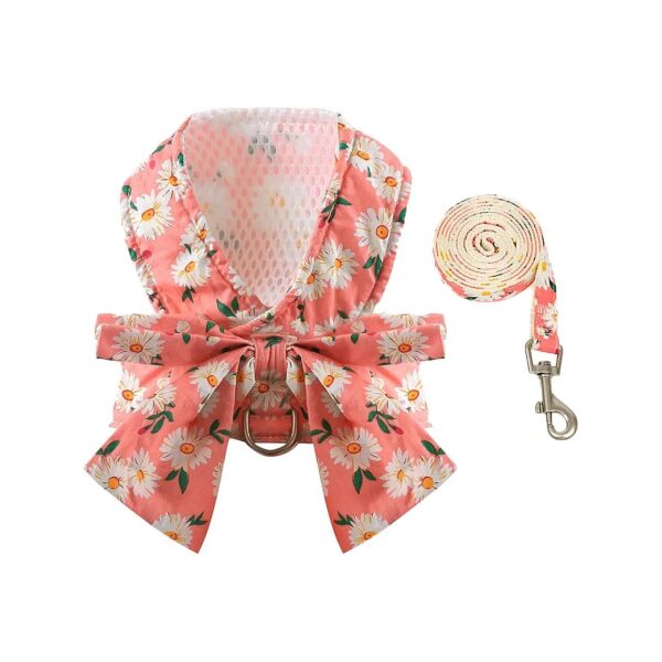 Small Dog Leash and Harness Set with Bow Tie and Pet D-Ring in Soft Pink Floral Pattern