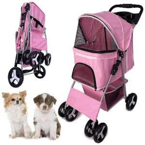 Small Dog Stroller with Cup Holder and Storage Basket for Pets Up to 33lbs