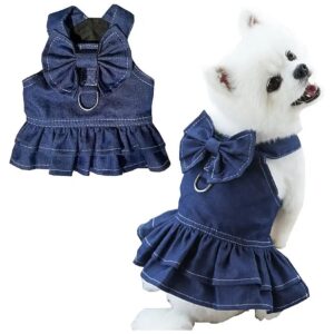 Small Dog Summer Dress Blue Denim with Cute Bow Knot and Leash Ring for X-Small Puppies