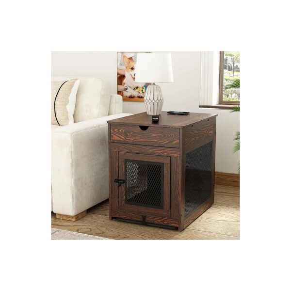 Small Dog Wooden Crate End Table with Storage Drawer, Wireless Charging, and Soft Cushion