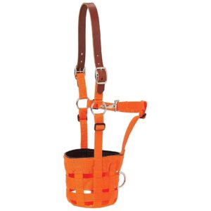 Small Horse Grazing Muzzle with Blaze Orange Nylon and Rubber Construction and Neoprene