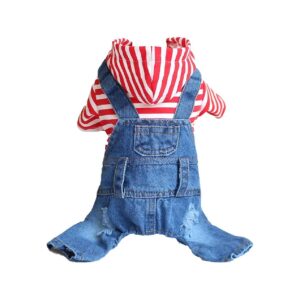 Small Medium Dog Classic Denim Stripe Jumpsuit Pet Coat with Hoodie Machine Washable Red