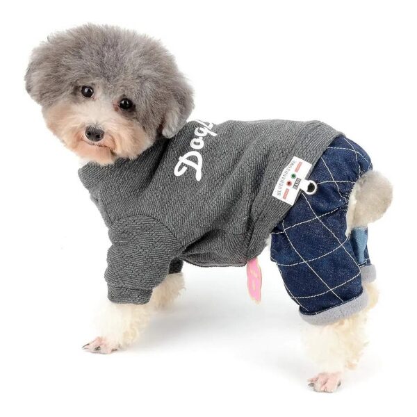 Small Pet Dog Jumpsuit with Denim Pant Padded Winter Coat for Cold Weather