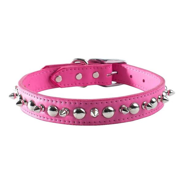 Small Pink Leather Dog Collar with Leather Spikes and Studs, Size 10, Buckle Closure