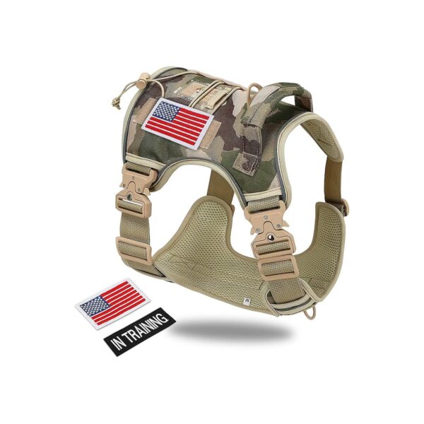 Small Tactical Dog Harness with Premium Metal Buckles and Adjustable Camouflage Tan Vest