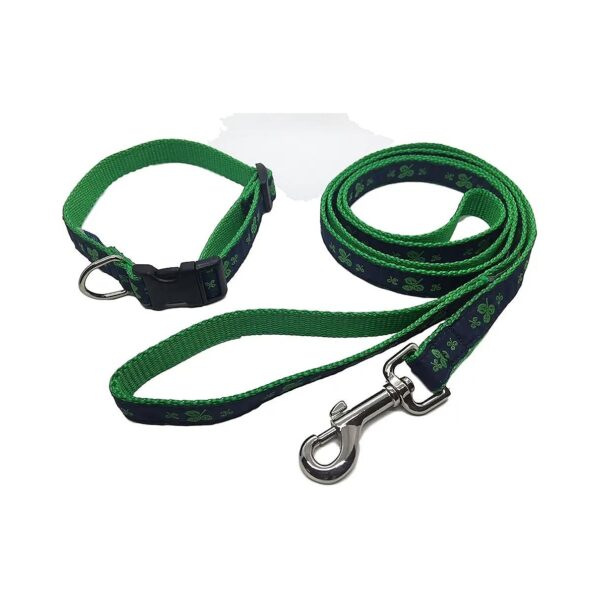 Small but Mighty Shamrock Dog Collar and Leash Set in Navy and Green