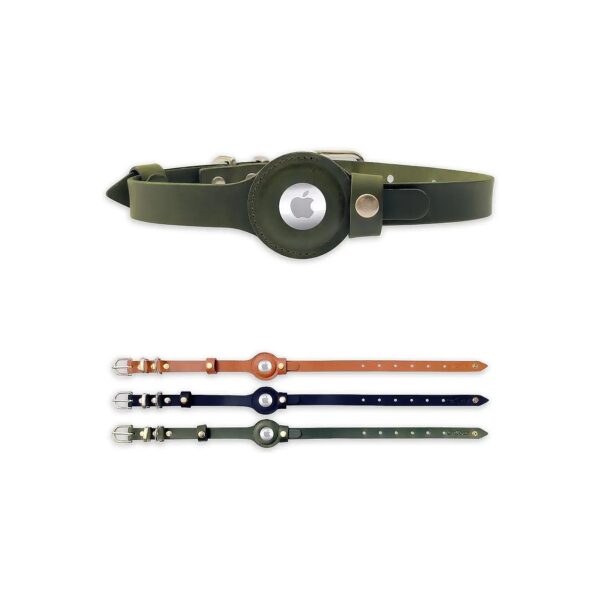 Small to Large Size Pet Collars in Olive Green Leather with AirTag Compatibility