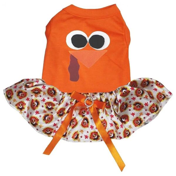 Small to Medium Breed Dog Dress with Turkey Face Print Orange and White Colors