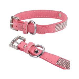 Small to Medium Cat and Dog Puppies Pink Velvet Leather Collar with Rhinestone Decoration