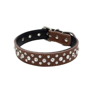 Small to Medium Dog Accessories Adjustable Brown Leather Rhinestone Dog Collar