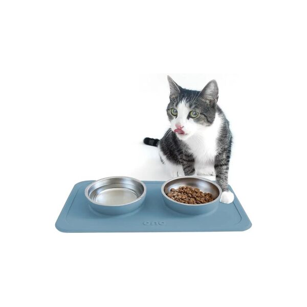 Small to Medium Pet Double Feeder with No Spill Silicone Mat and Stainless Steel Bowls