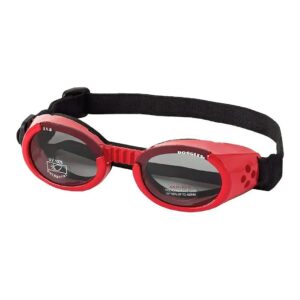 Smoke Lens Dog Glasses with Adjustable Straps and Shiny Red Frame for Small Pups