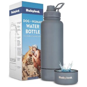 Smokey Grey Stainless Steel Dog Water Bottle with Bowl for Outings and Everyday