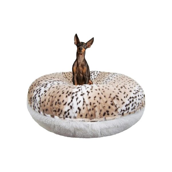 Snow Leopard Luxury Faux Fur Dog Bed with Extra Plush Fabric and Waterproof Pillow