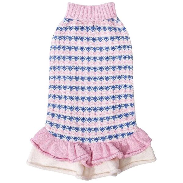 Soft Acrylic Dog Sweater Dress with Pom Pom Ball and Ruffles for Small Dogs