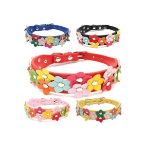 Soft Adjustable Leather Dog Collar with Red Double Row Flower Pattern XS