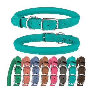 Soft Adjustable Rolled Leather Dog Collars for Small Medium Large Dogs in Aquamarine