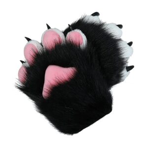 Soft Artificial Wool Cat Paws Gloves for Adults White-Black Fursuit Cosplay Anime Wear